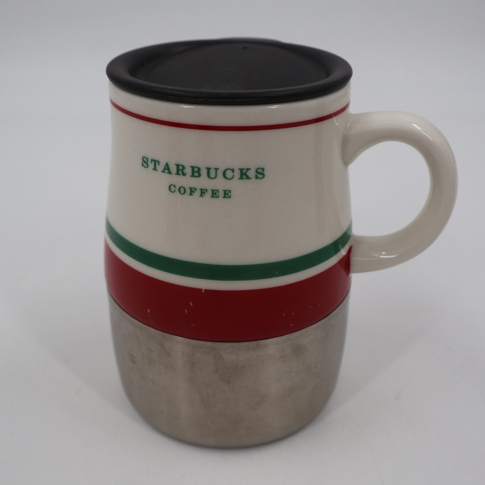 Starbucks Travel Mug Unisex 14oz Cream Red Green 2006 Ceramic Stainless Steel